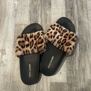 Steve Madden Leopard Print Fur Slippers